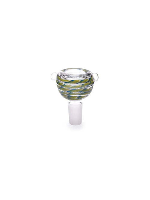 Bowl de vidro macho 14mm com detalhes verdes e azuis para acessórios de tabacaria.