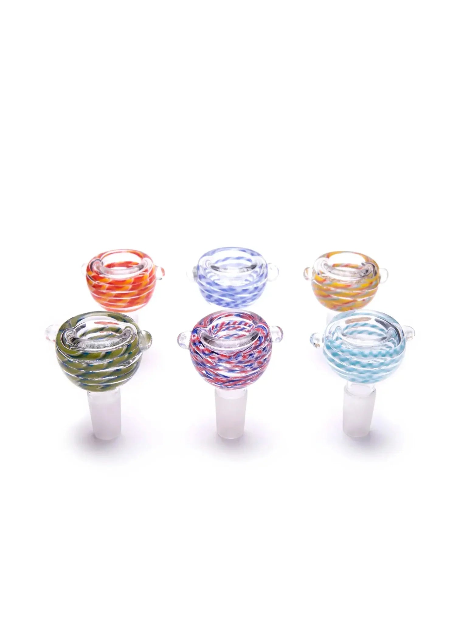 Bowls de vidro coloridos para acessórios de tabacaria em fundo branco, 14mm, tipos variados.