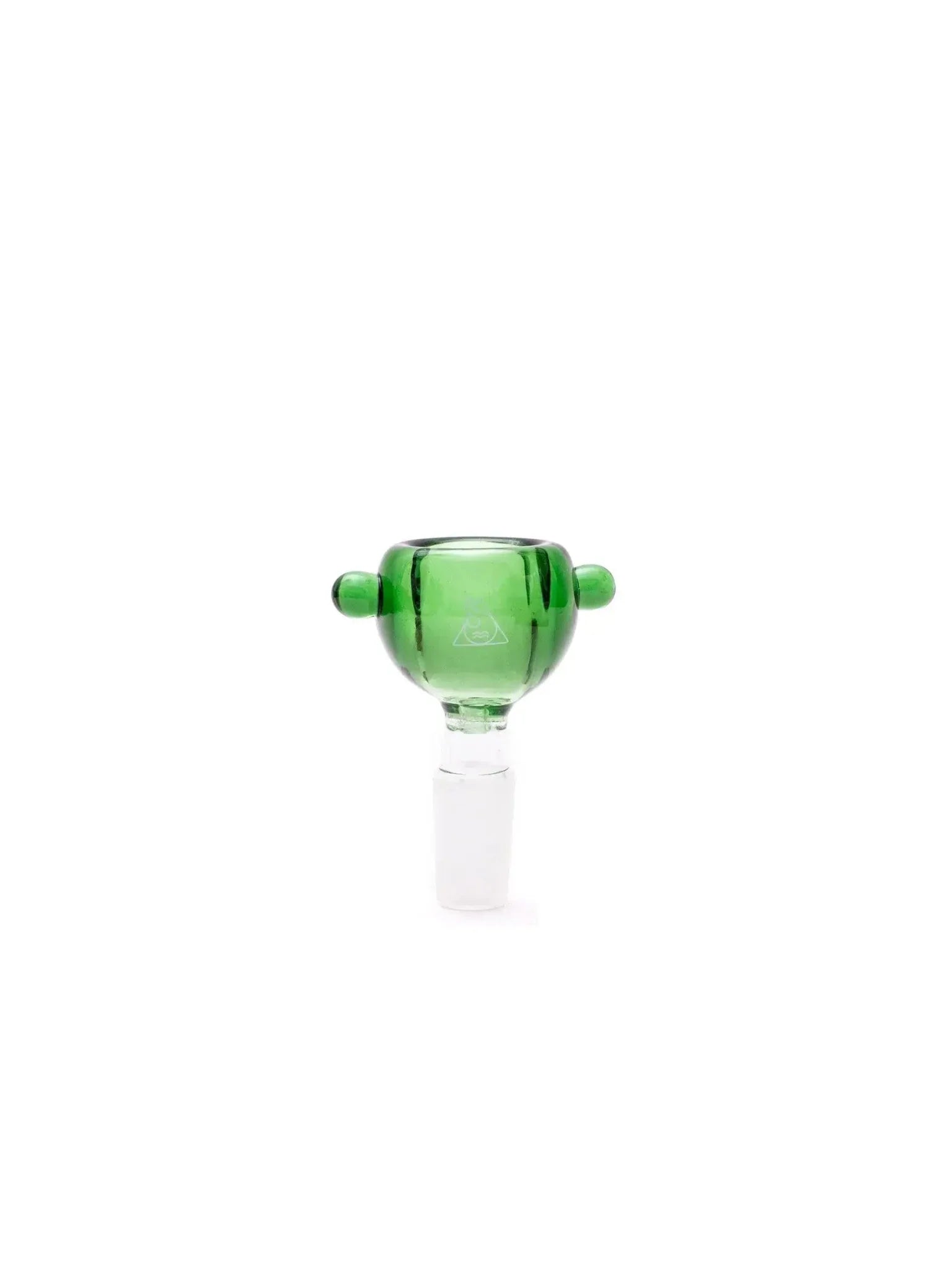 Bowl de vidro verde 14mm macho para bong, corpo transparente e detalhes em verde.