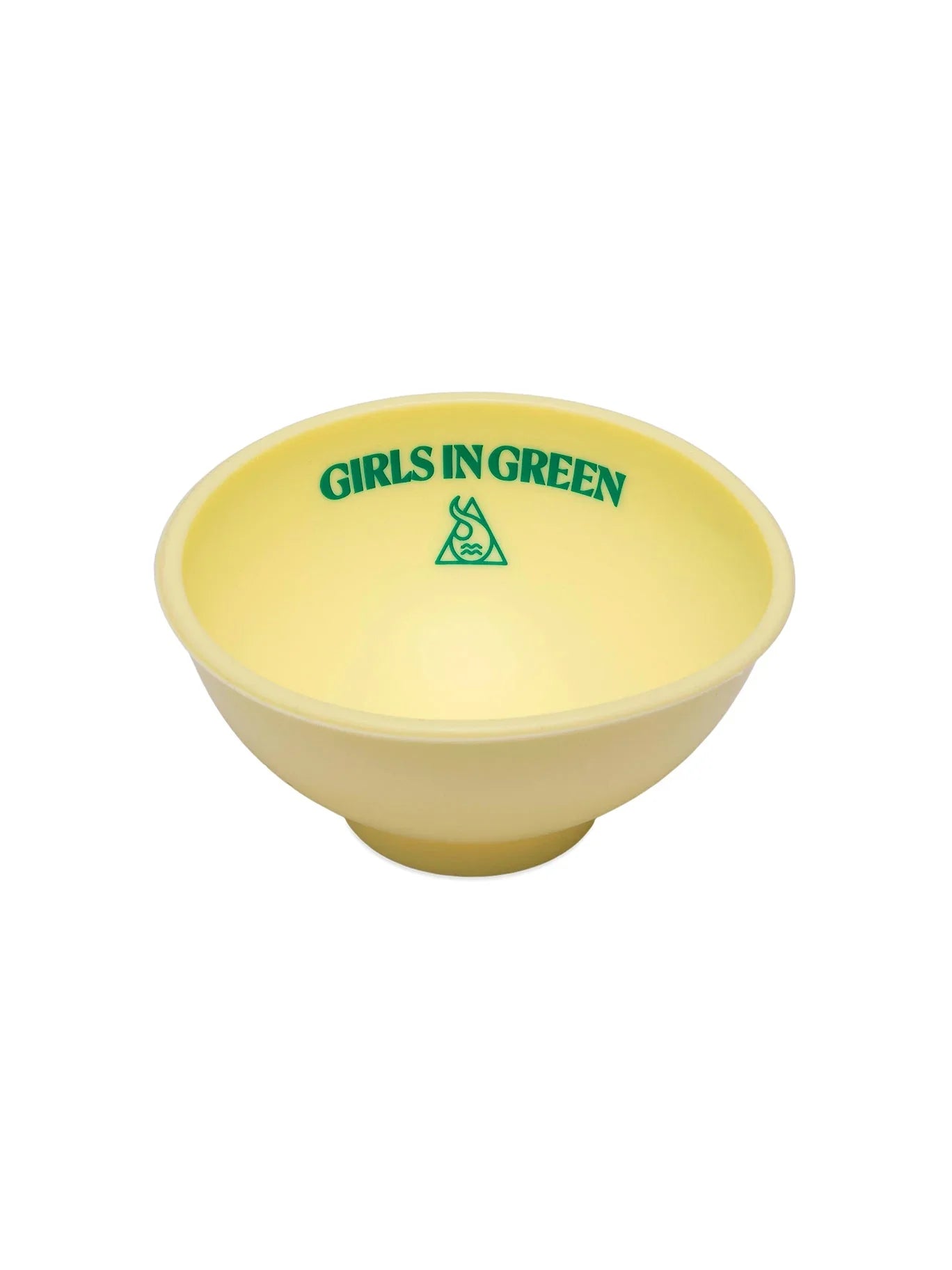 Tigela de silicone amarela com inscrição 'Girls in Green' e símbolo gráfico verde.