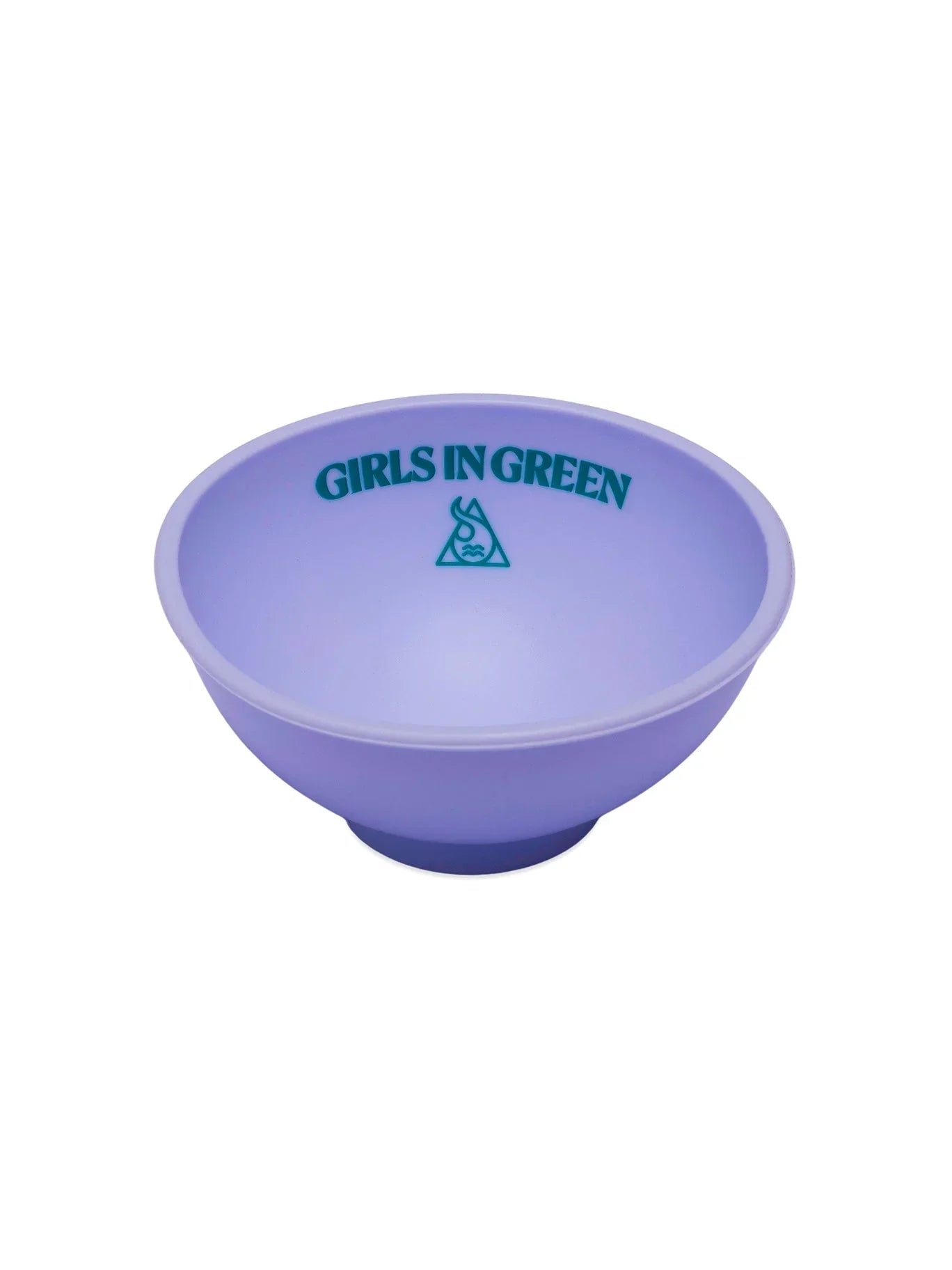 Tigela de silicone roxa com inscrição Girls in Green em verde, acessório para tabacaria.