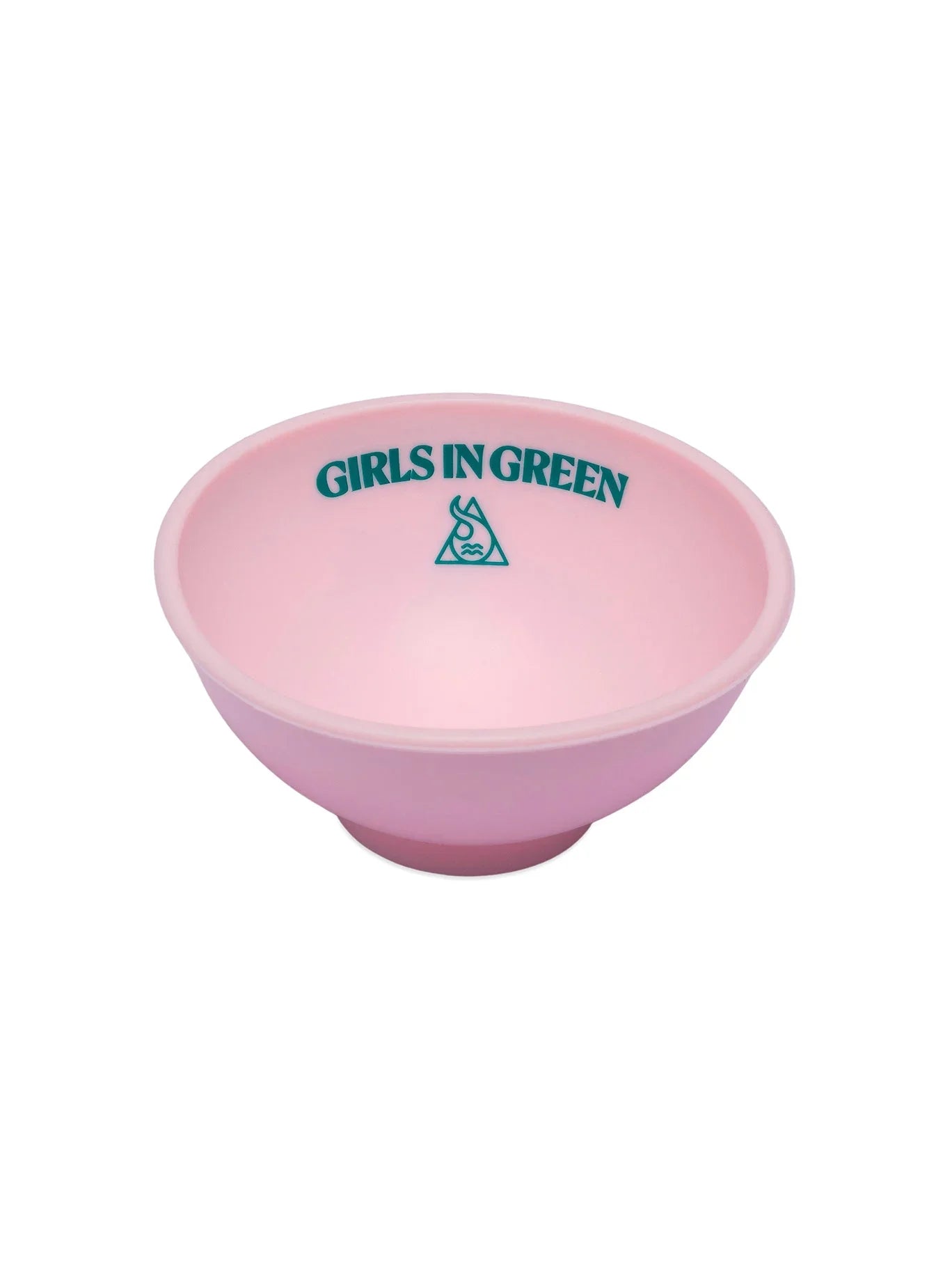 Tigela de silicone rosa com logo e frase 'Girls in Green' impressos em verde