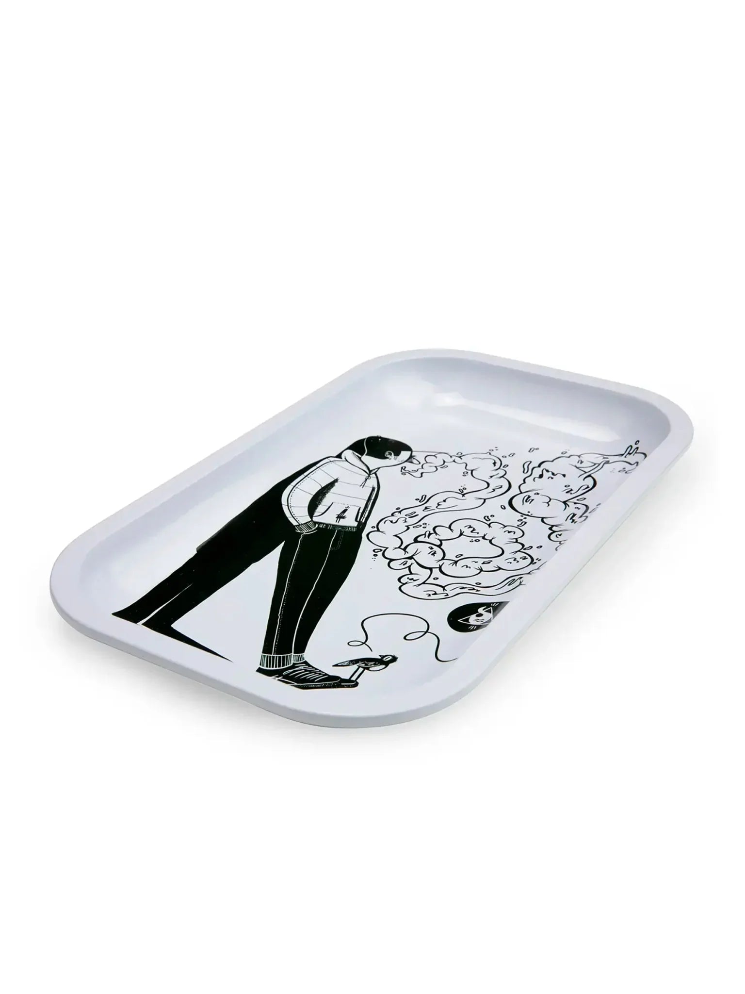 Bandeja de metal retangular branca com ilustração em preto de personagem soltando fumaça.