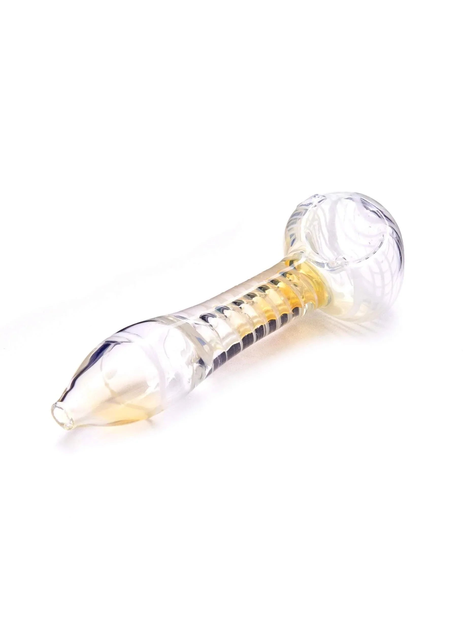 cachimbo de vidro transparente com detalhes amarelos para tabacaria, fundo branco